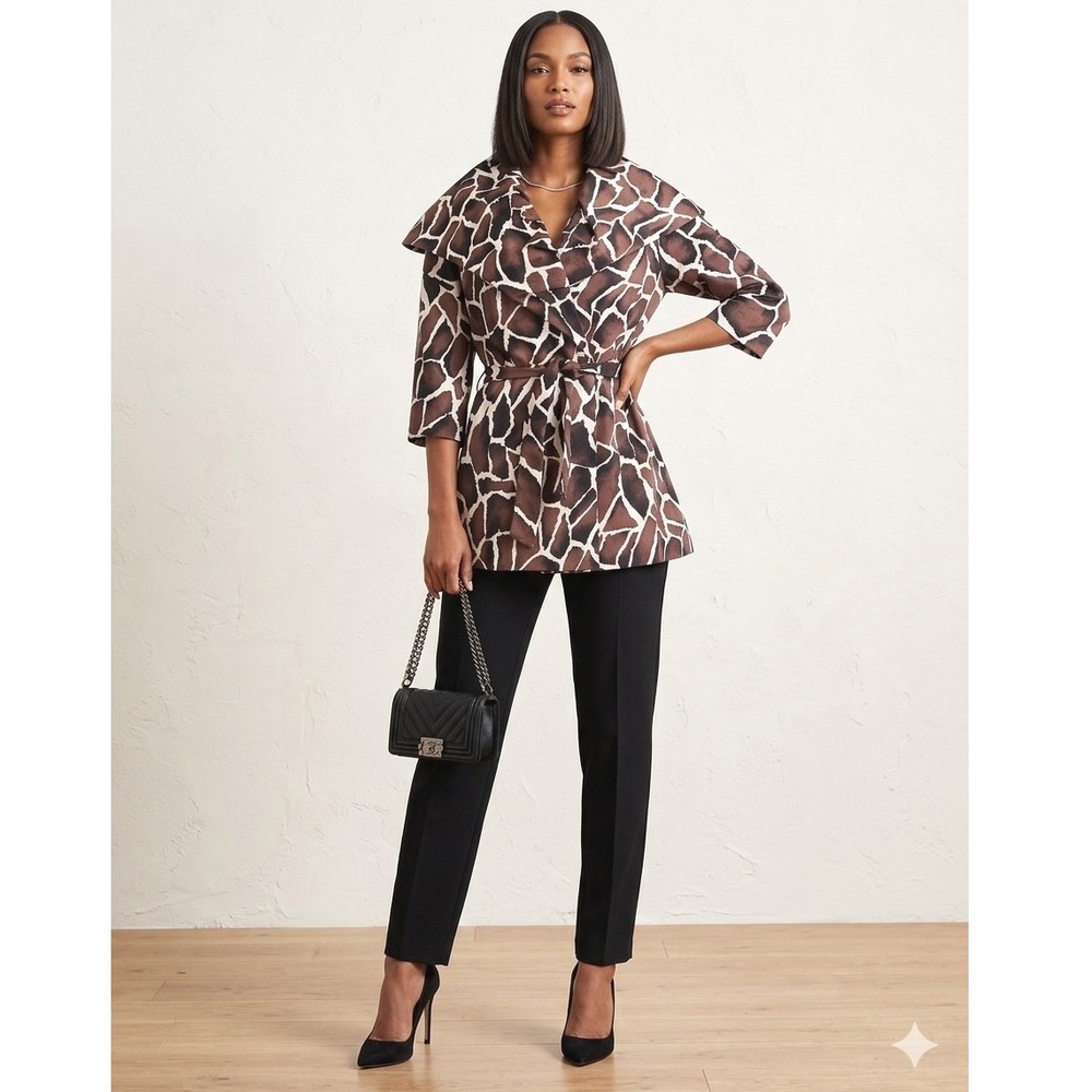 St John Giraffe Print Portrait Collar Belted Trench Coat Brown White Silk Size 2
